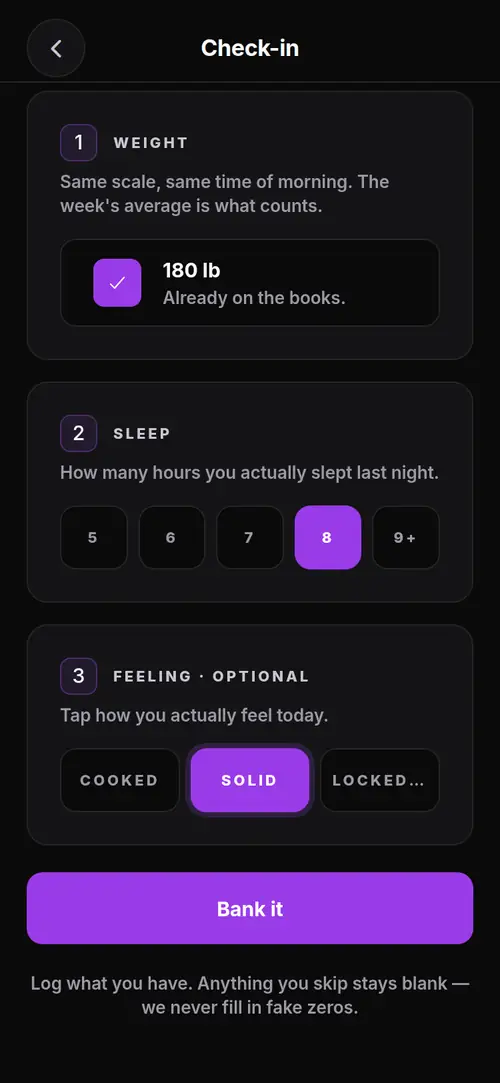ESG check-in screen for weight and sleep