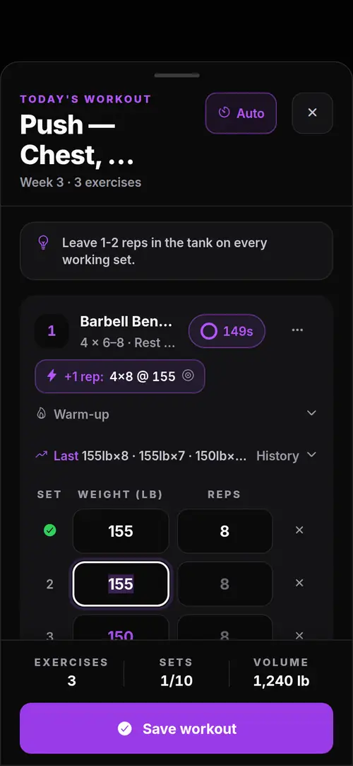 ESG app workout logger with sets, weights and reps being entered