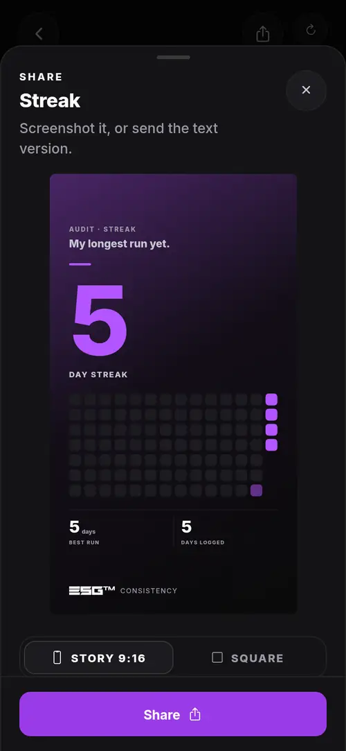 ESG app share card showing a five day streak