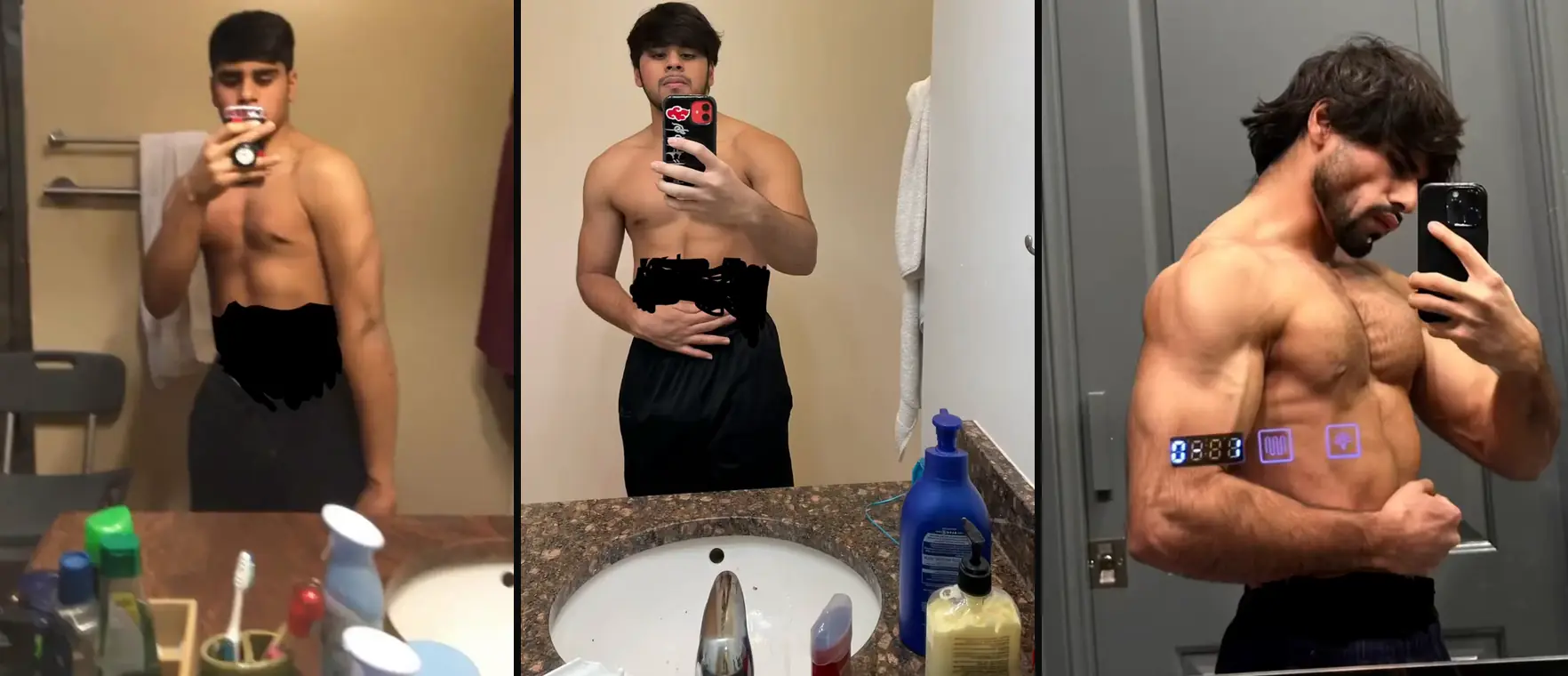 Boeshi in the same bathroom mirror at three different points, going from skinny to visibly muscular
